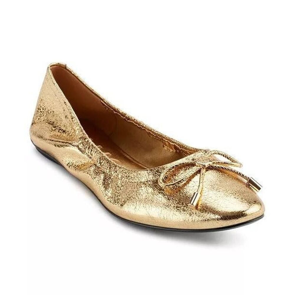 New Karl Lagerfeld Paris Velma Gold Metallic Ballet Flats Bow Logo Size 6